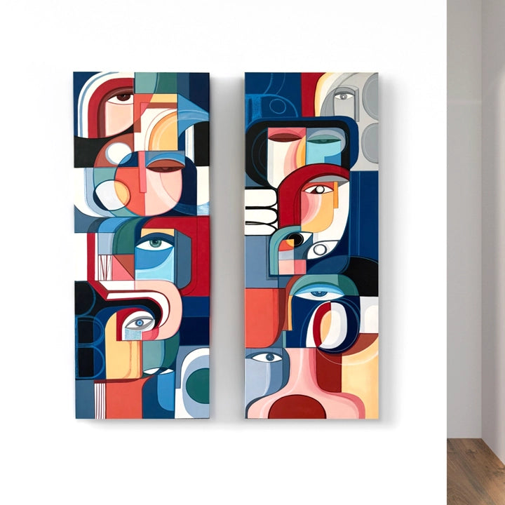 Set of 2 original cubist paintings titled Les Tours Des Visages by SoulCurryArt, featuring abstract, geometric facial designs.