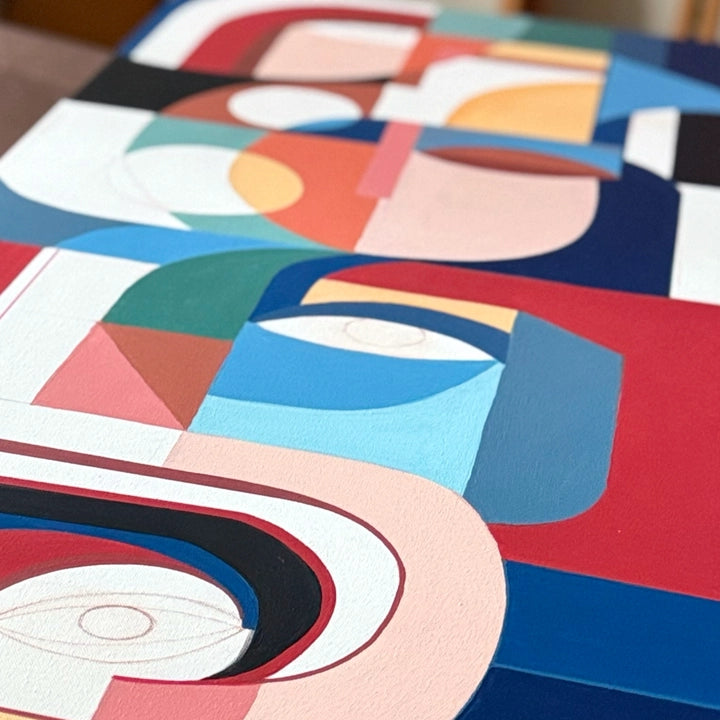 Set of two Les Tours Des Visages Cubist paintings by SoulCurryArt, showcasing abstract, colorful facial portraits.