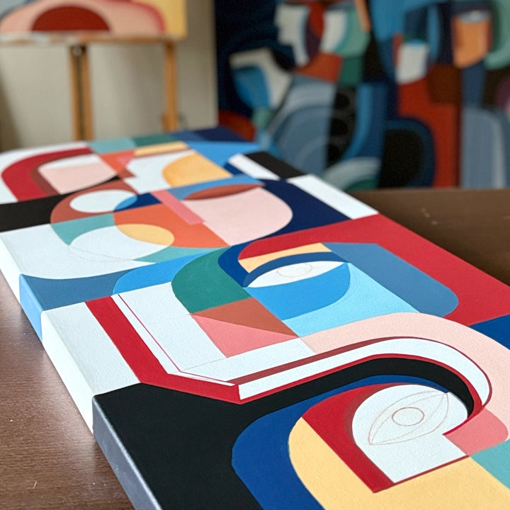 Set of two original cubist paintings titled Les Tours Des Visages by SoulCurryArt, featuring abstract face designs.
