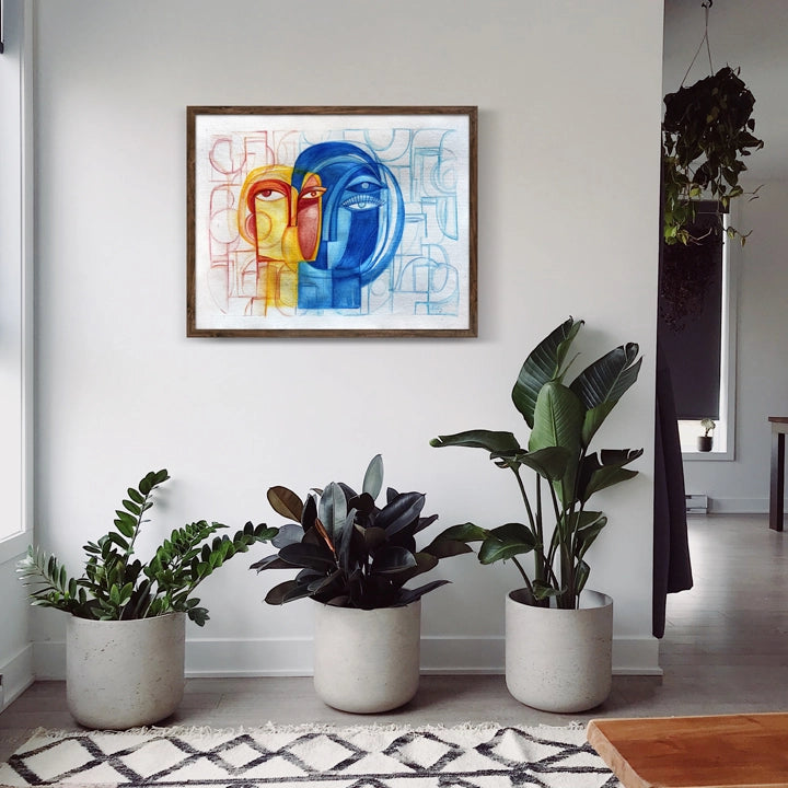 Abstract original art titled Converging Contrasts by SoulCurryArt featuring bold shapes and vibrant contrasting colors.