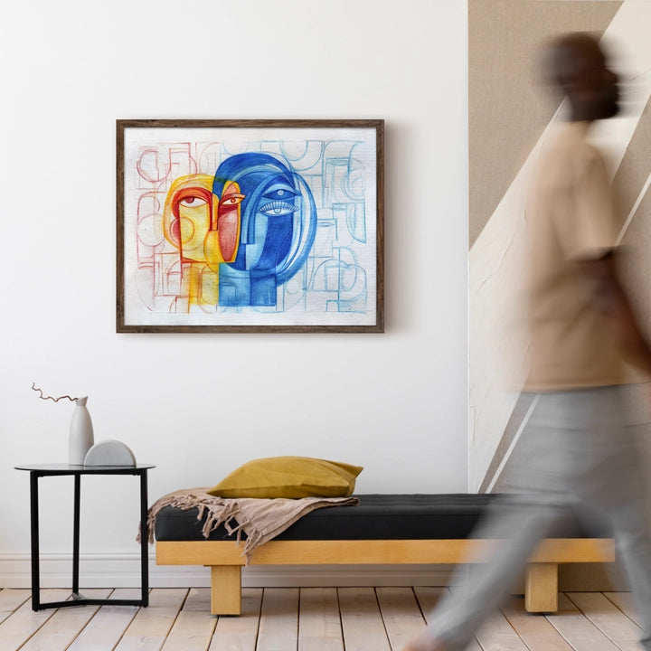 Abstract original art titled "Converging Contrasts" by SoulCurryArt, featuring bold colors and dynamic shapes on a canvas.