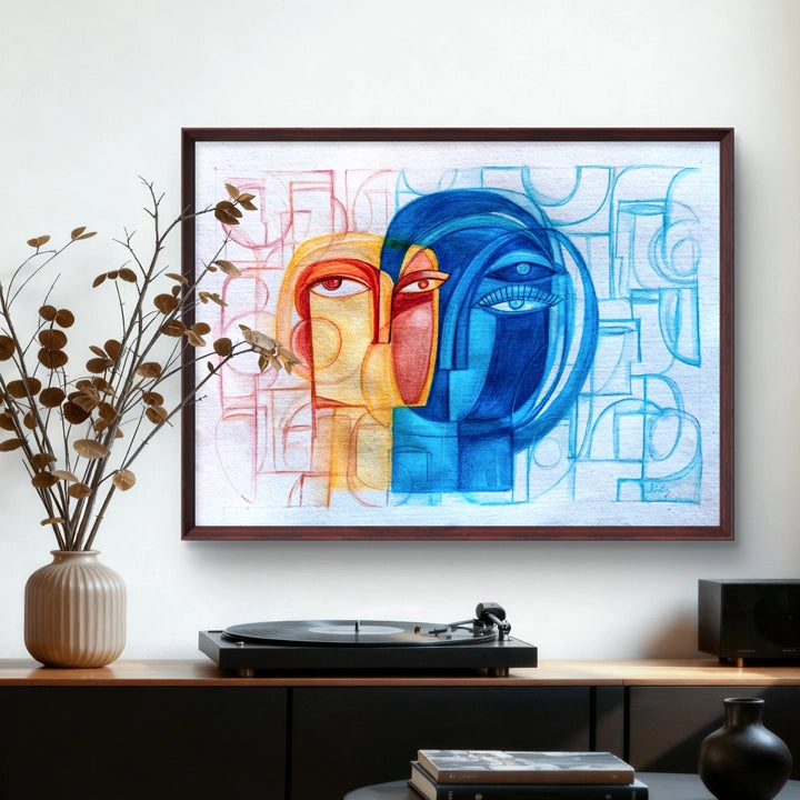 Original art titled Converging Contrasts by SoulCurryArt, featuring abstract shapes and vibrant colors on a canvas.