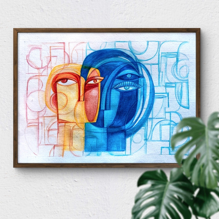 Abstract original art titled "Converging Contrasts" by SoulCurryArt, featuring bold shapes and vibrant colors on canvas.