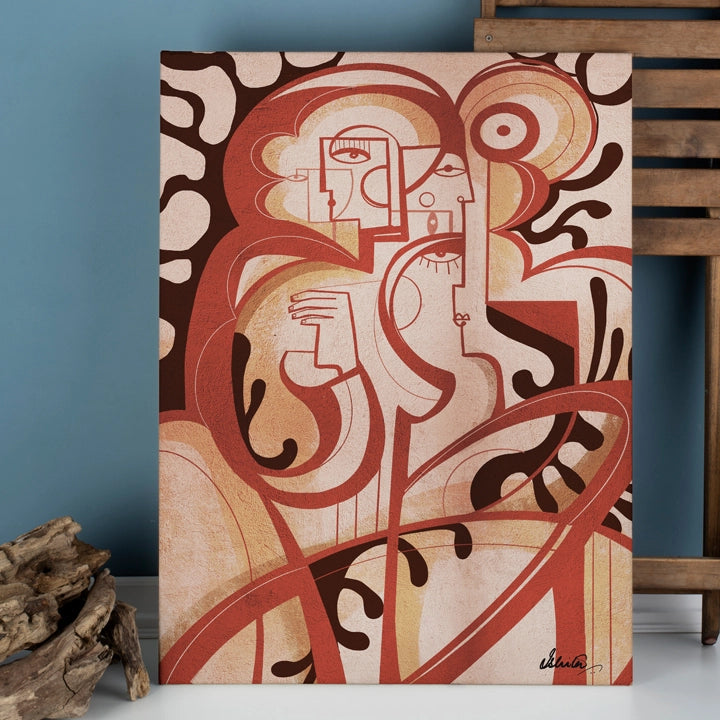 Abstract canvas print titled "Between Silence" by SoulCurryArt, featuring calming, muted tones in a modern art style.