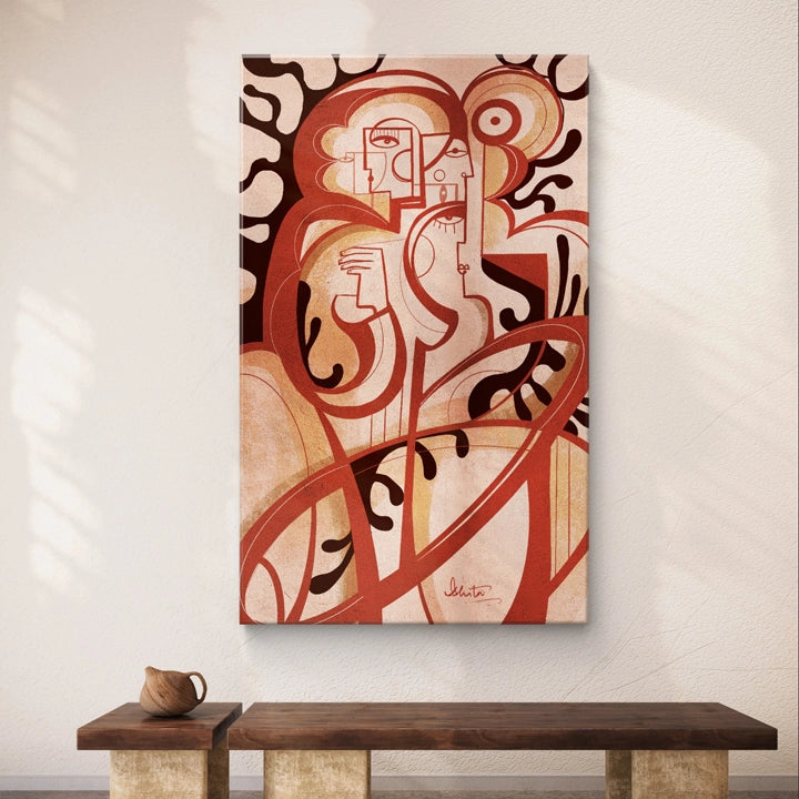 Abstract canvas artwork titled "Between Silence" by SoulCurryArt, featuring calming, muted tones and textured brushstrokes.