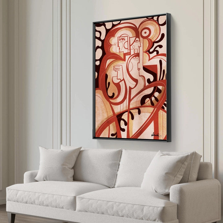 Abstract canvas art titled "Between Silence" by SoulCurryArt featuring calming, muted tones and modern design on a textured canvas.
