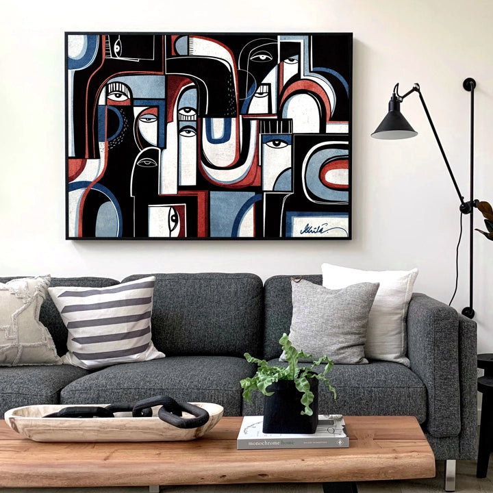 Colorful abstract canvas art titled "Channels of Sound" by SoulCurryArt, featuring vibrant brushstrokes and dynamic textures.