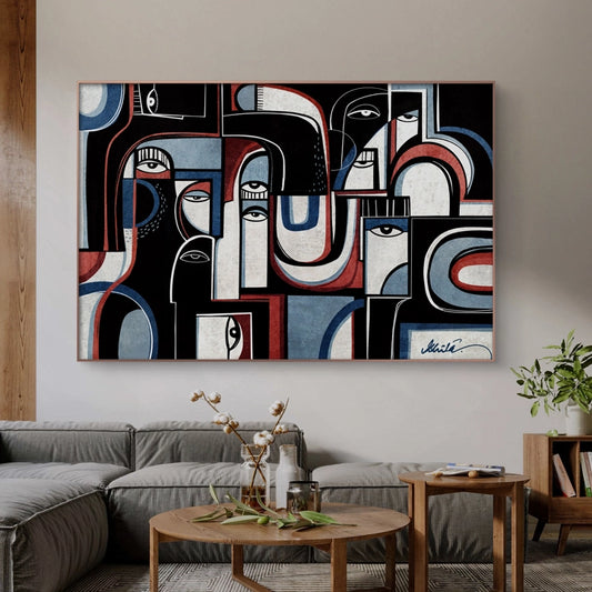 Colorful abstract canvas print titled "Channels Of Sound" by SoulCurryArt, showcasing vibrant, layered brushstrokes and textured art.