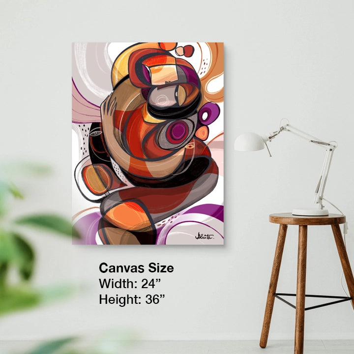 SoulCurryArt Entanglements canvas artwork, 24x36 inches, featuring abstract, intertwined shapes in vibrant colors.