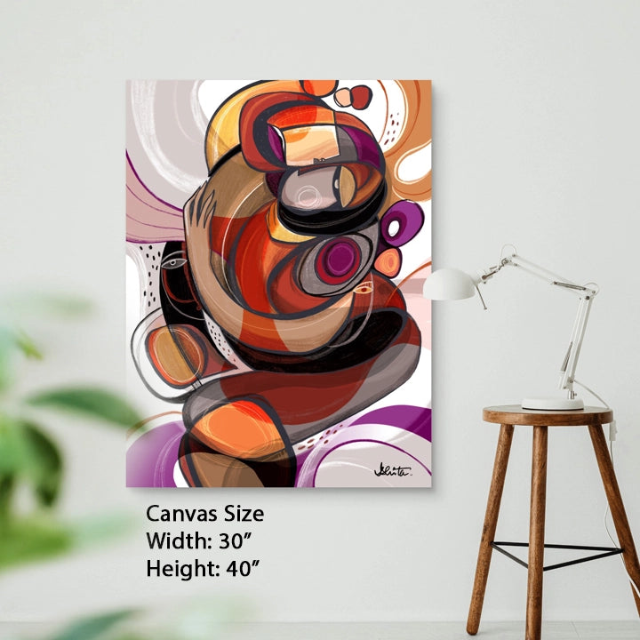 SoulCurryArt Entanglements canvas artwork, 30x40 inches, featuring abstract colorful lines and shapes on a textured surface.