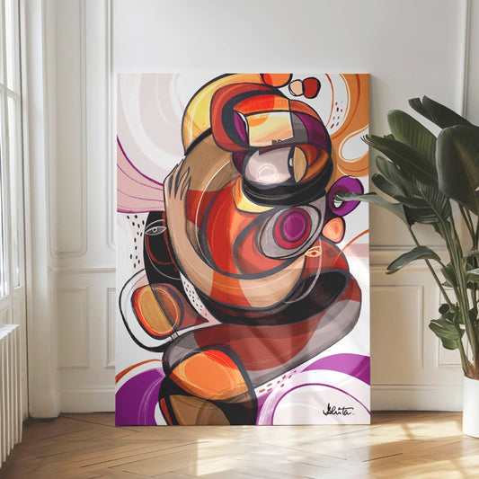 SoulCurryArt Entanglements canvas art featuring abstract, intertwined shapes in vibrant colors on a textured canvas background.
