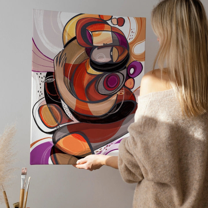 Colorful abstract canvas artwork titled "Entanglements" by SoulCurryArt, featuring intricate, layered designs in vibrant hues.