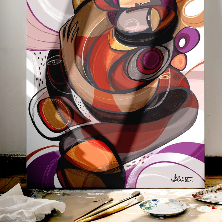 Abstract canvas artwork titled Entanglements by SoulCurryArt featuring intricate, colorful woven patterns on a textured canvas.