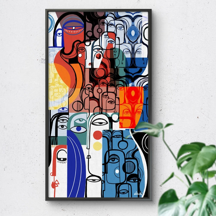 SoulCurryArt Entourage canvas print featuring vibrant, detailed artwork of a group of people against a colorful background.