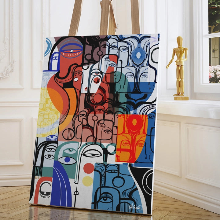 SoulCurryArt Entourage canvas print featuring vibrant, detailed artwork of a group of people in a lively urban scene.