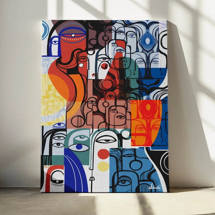 SoulCurryArt Entourage canvas print featuring vibrant, abstract artwork with bold colors and dynamic brushstrokes.