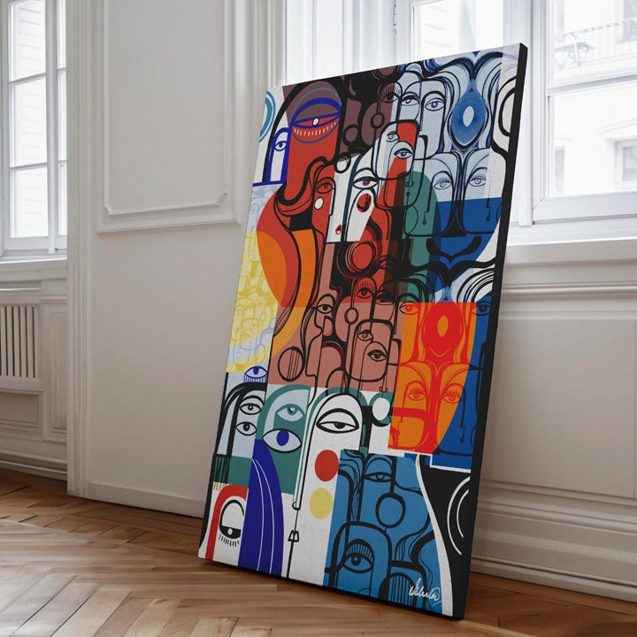 SoulCurryArt Entourage canvas print featuring vibrant, detailed artwork of a group of people in a lively urban scene.