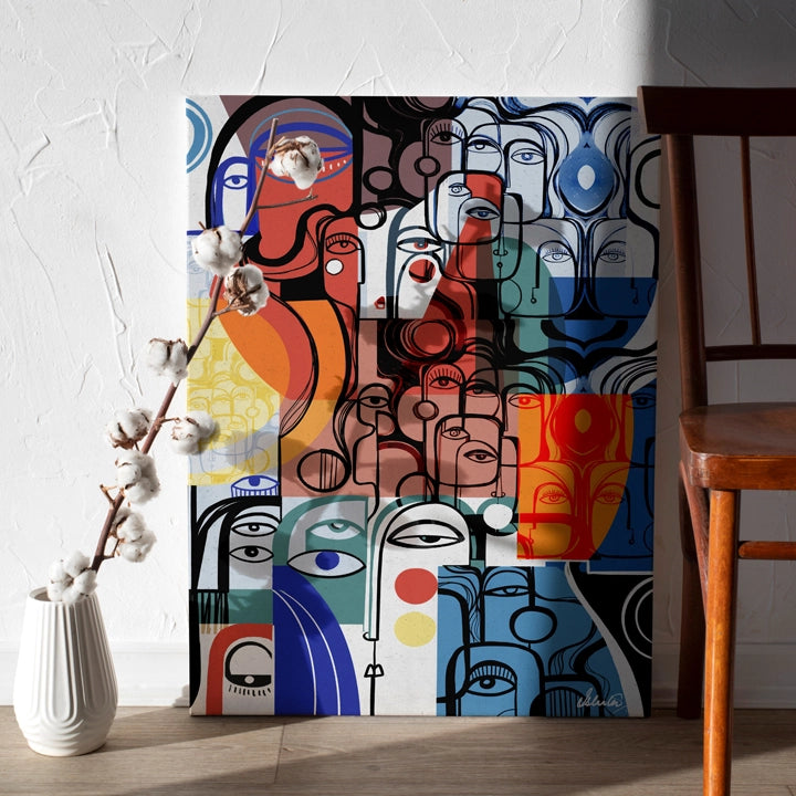 SoulCurryArt Entourage canvas print featuring vibrant, abstract artwork with colorful brushstrokes on a textured canvas surface.