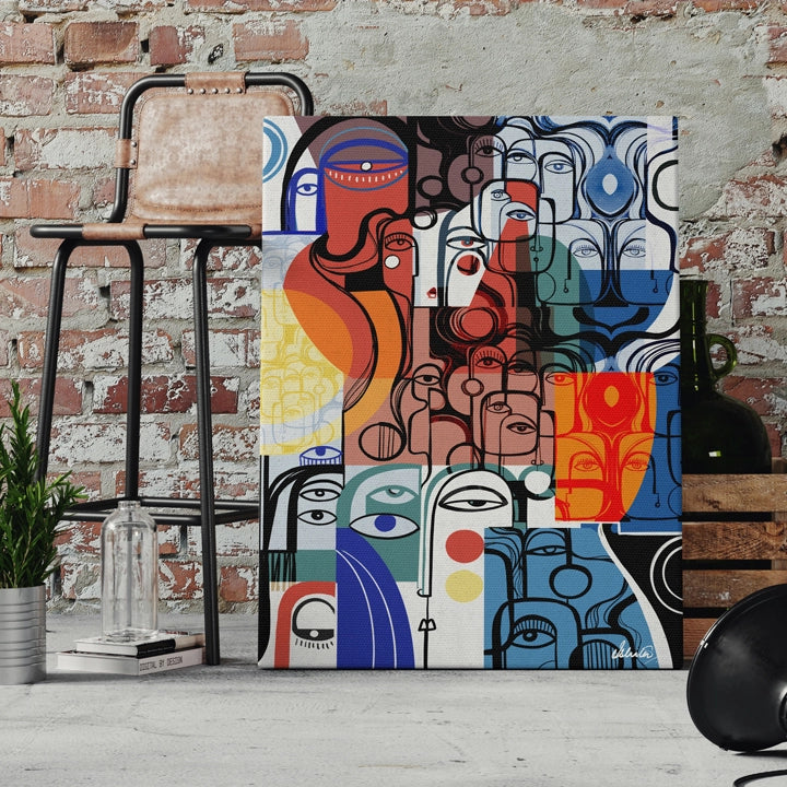 SoulCurryArt Entourage canvas print featuring vibrant, detailed artwork of a group of people in a lively outdoor scene.