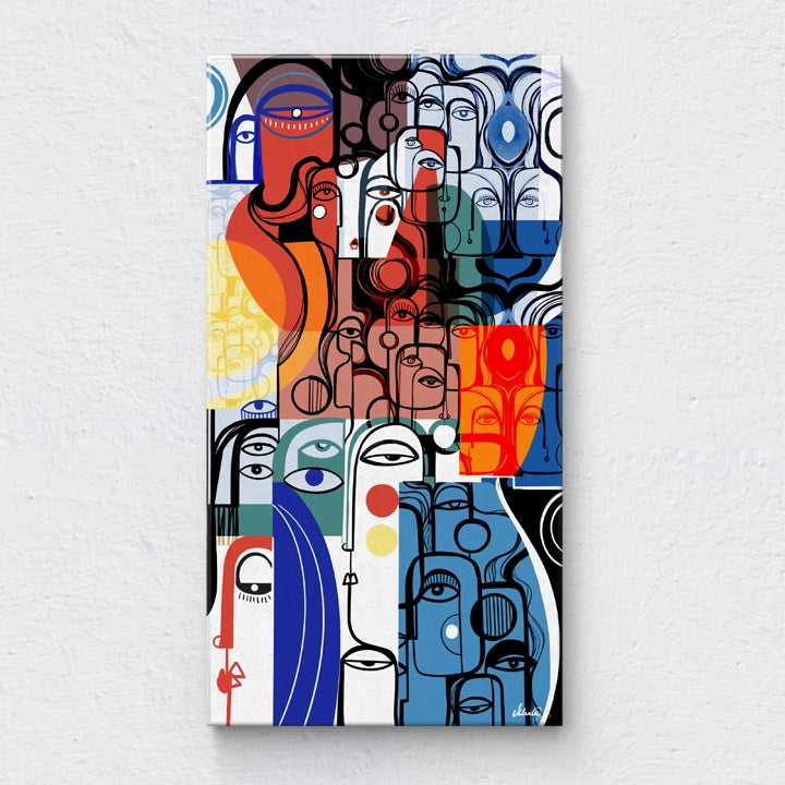 SoulCurryArt Entourage canvas print with vibrant, abstract artwork featuring a colorful group of figures on a textured surface.