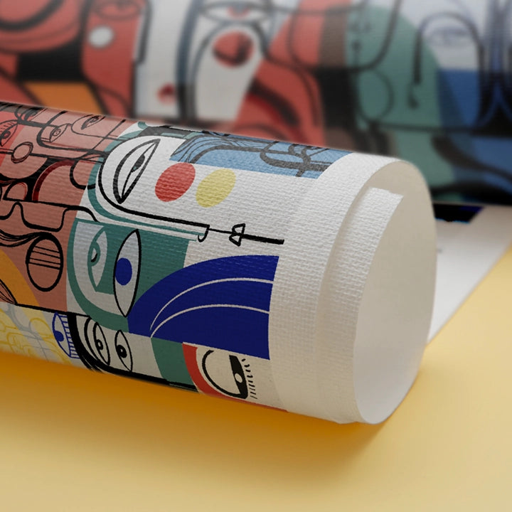 Rolled canvas print titled "Entourage" by SoulCurryArt, showcasing vibrant abstract artwork on high-quality canvas.