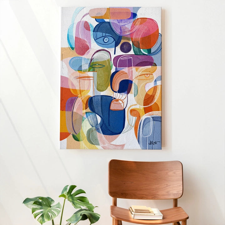 Colorful SoulCurryArt "Joy" canvas print featuring vibrant abstract design on a stretched canvas art piece.