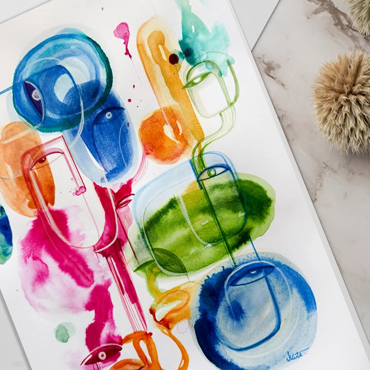 Original art titled Effervescence by SoulCurryArt, 12x16 inches, vibrant abstract painting with lively, colorful brushstrokes.