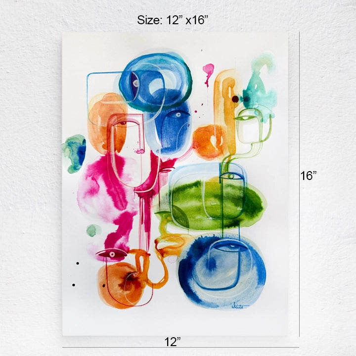 Original art titled Effervescence by SoulCurryArt, 12x16 inch painting with vibrant, abstract swirling colors and dynamic brushstrokes.