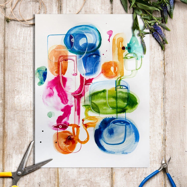 Original art titled "Effervescence" by SoulCurryArt, 12x16 inch vibrant abstract painting with lively colors and dynamic brushstrokes.