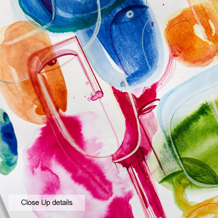 Original art piece titled Effervescence by SoulCurryArt, featuring vibrant, abstract watercolor with dynamic brushstrokes and bold colors.