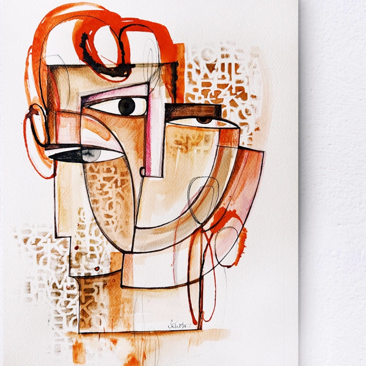 Original art head study No.8 by SoulCurryArt, 12x16 inch abstract portrait in warm tones.