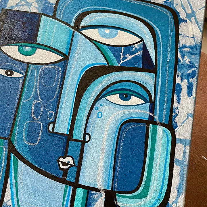 Original art titled Blue Moon by SoulCurryArt, a 16x20-inch painting depicting a luminous blue moon in a creative scene.