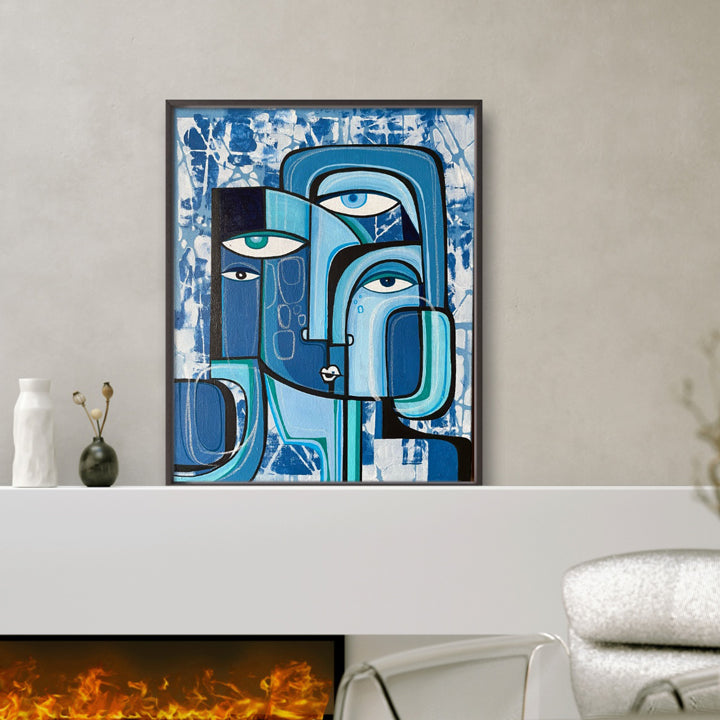 Original art by SoulCurryArt titled "Blue Moon" featuring a vibrant depiction of a luminous blue moon in a night sky.