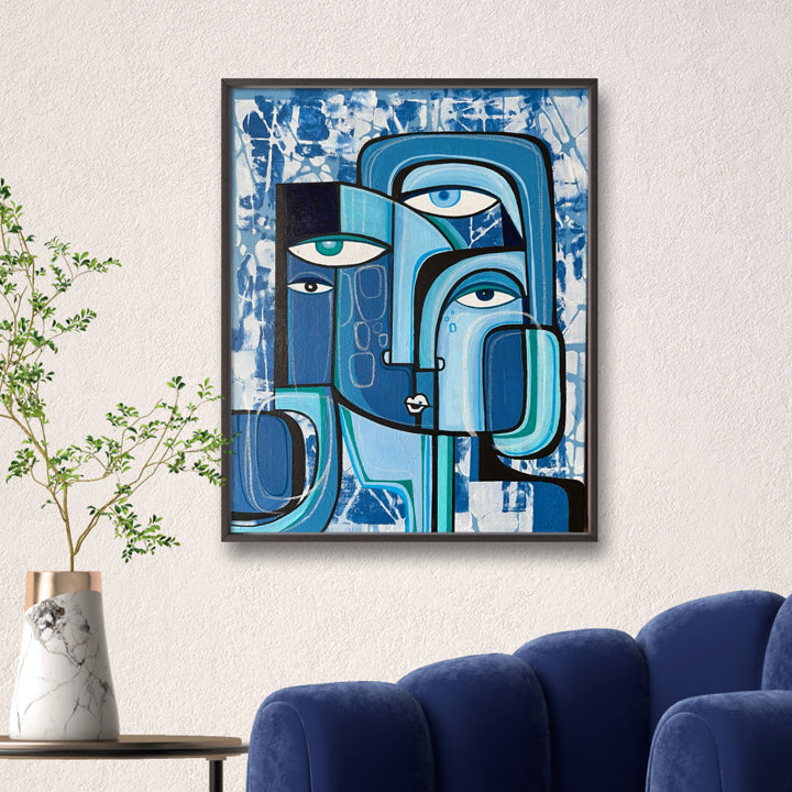 Original 16x20 inch blue moon art by SoulCurryArt featuring a vibrant, celestial scene with a glowing blue moon.