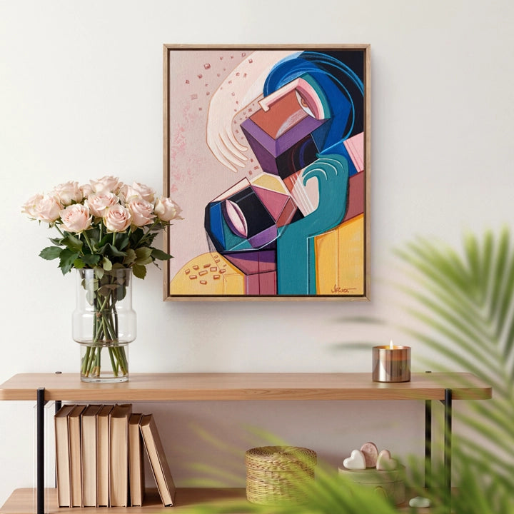 Original art titled "Embraced" by SoulCurryArt, 16x20 inches, featuring a vibrant, abstract painting with bold colors and expressive brushstrokes.