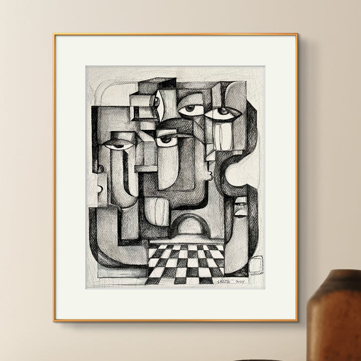 Original art print titled Resonance in Noir by SoulCurryArt, 16x20 inches, featuring abstract black and white geometric patterns.