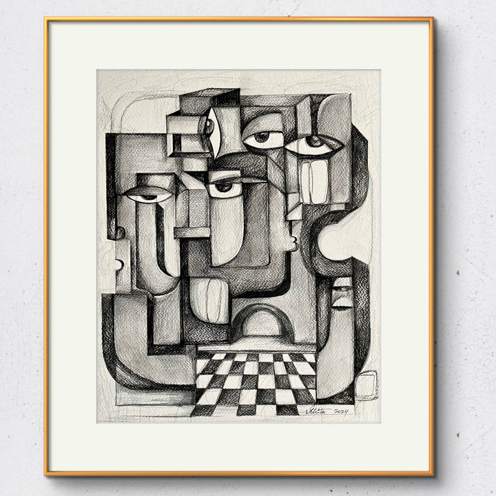Original art print titled "Resonance in Noir" by SoulCurryArt, showcasing abstract black and white brushstrokes on a 16x20 canvas.