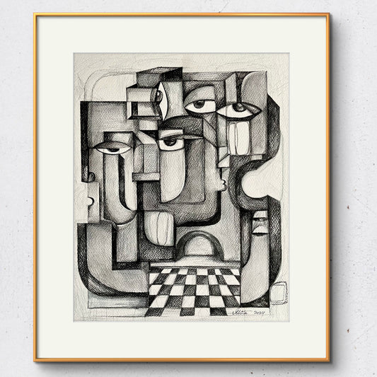 Original art print titled "Resonance in Noir" by SoulCurryArt, showcasing abstract black and white brushstrokes on a 16x20 canvas.
