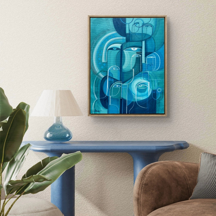 Original art piece titled Spatial Rhythm by SoulCurryArt, featuring abstract patterns in vibrant colors on a 16x20 canvas.