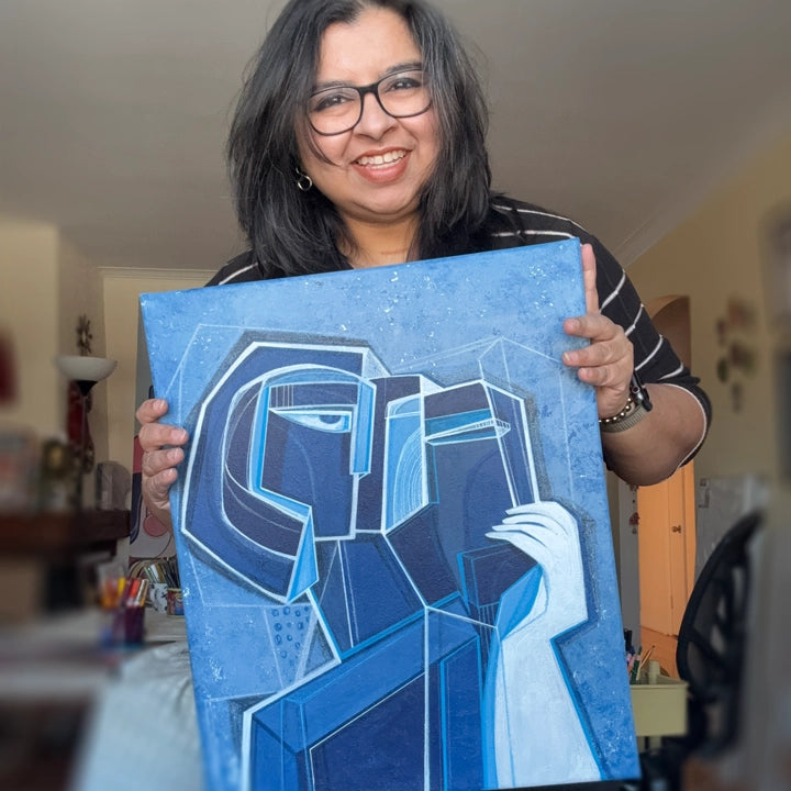 Original art titled "Weight Of Warmth" by SoulCurryArt, 16x20 inch abstract painting with warm tones and textured brushstrokes.