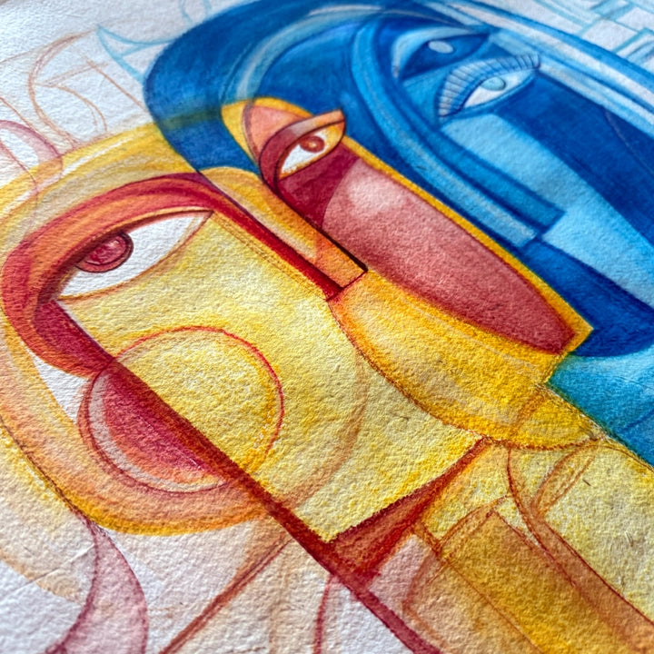 Abstract original art titled Converging Contrasts by SoulCurryArt showcasing vibrant colors and dynamic geometric shapes.