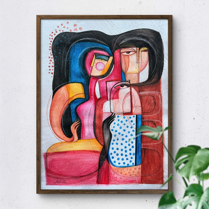 Original art titled "Held In Translation" by SoulCurryArt, featuring vibrant abstract watercolor and mixed media on 20x28-inch canvas.