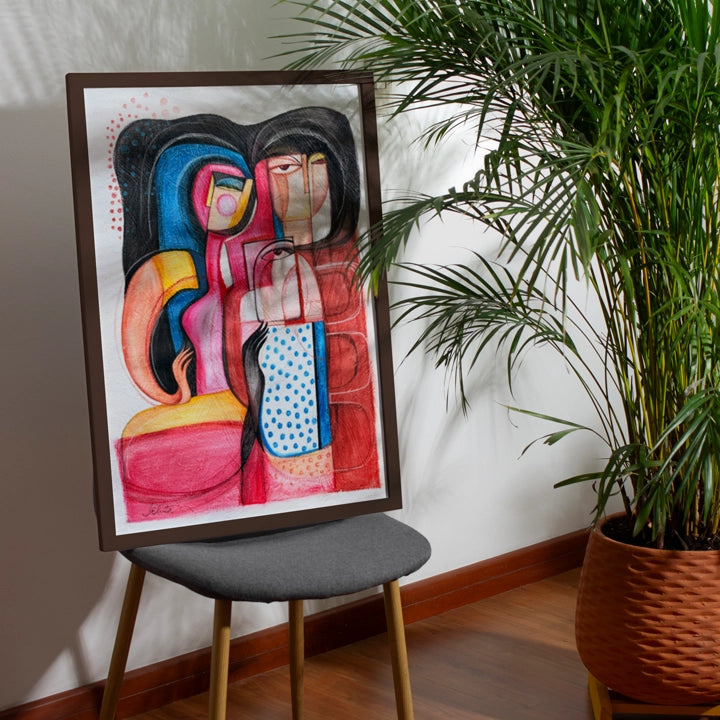 Original art titled "Held In Translation" by SoulCurryArt, 20x28 inches, featuring vibrant abstract and figurative elements.