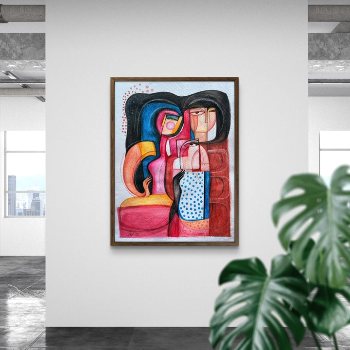 Original art titled "Held In Translation" by SoulCurryArt, 20x28 inches, featuring abstract, vibrant colors and textured brushstrokes.