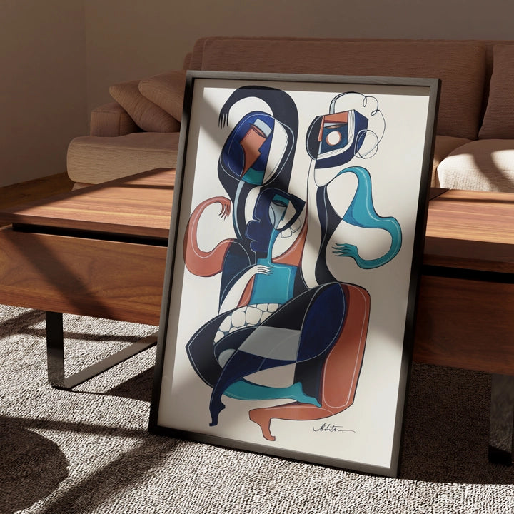 Original art print titled "Triadic Dance Forms In Motion" by SoulCurryArt, featuring dynamic abstract dance-inspired shapes and vibrant colors.