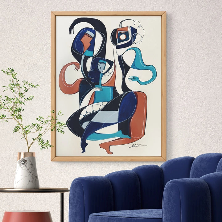 Abstract original art titled Triadic Dance Forms In Motion by SoulCurryArt, featuring vibrant, flowing shapes in dynamic motion.