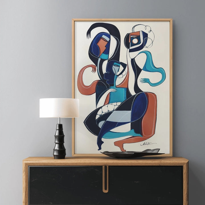 Original abstract art titled Triadic Dance Forms In Motion by SoulCurryArt, featuring vibrant, flowing shapes in dynamic motion.