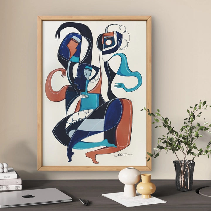 Abstract original art titled Triadic Dance Forms In Motion by SoulCurryArt, featuring vibrant, flowing shapes and dynamic movement.