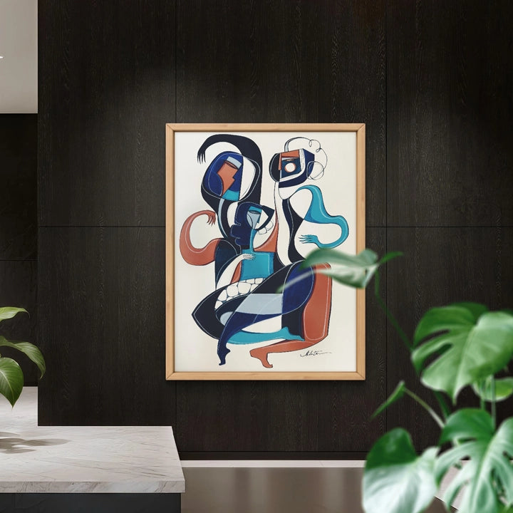 Original art titled Triadic Dance Forms In Motion by SoulCurryArt, showcasing dynamic abstract dance-inspired shapes and vibrant colors.