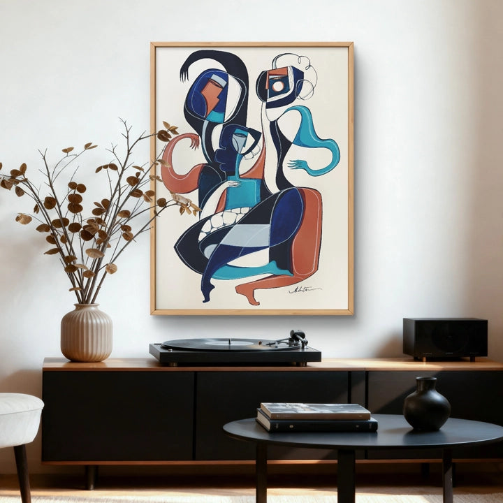 Original art piece titled Triadic Dance Forms In Motion by SoulCurryArt, showcasing vibrant abstract dance-inspired designs.